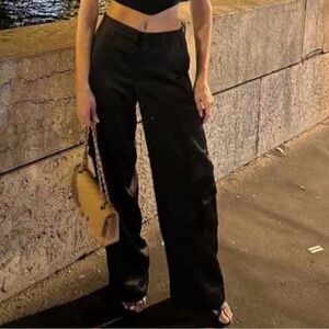 Zara Black Satin-Effect Cargo Pants, Wide Leg, High-Waisted – Size XL